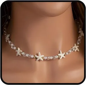 Starfish Necklace, Gold Choker Beach Summer Pearl Crystal Beaded Necklaces Dainty Statement Trendy Shell Adjustable Anniversary Holiday Jewelry Gift