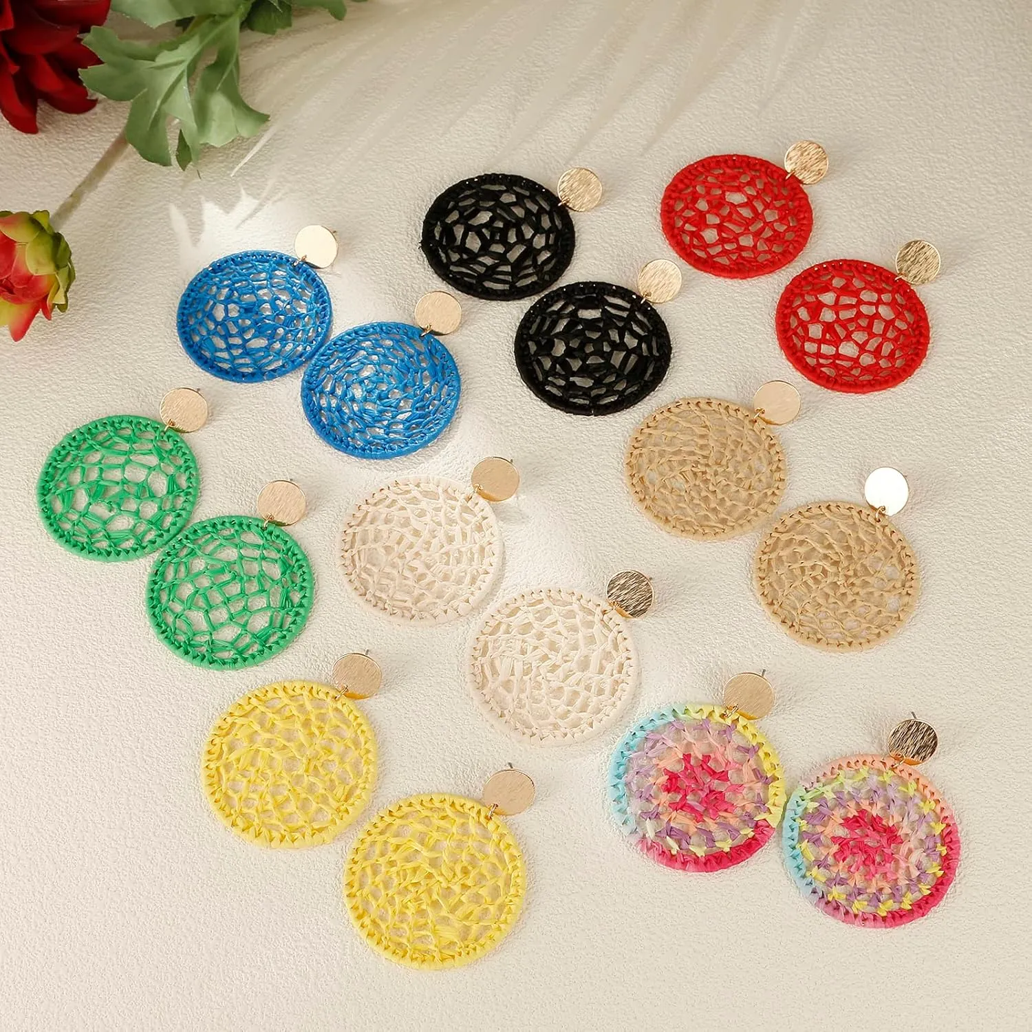 Statement Raffia Round Earrings, Handwoven Dream Catcher Earrings Bohemian Jewelry for Women