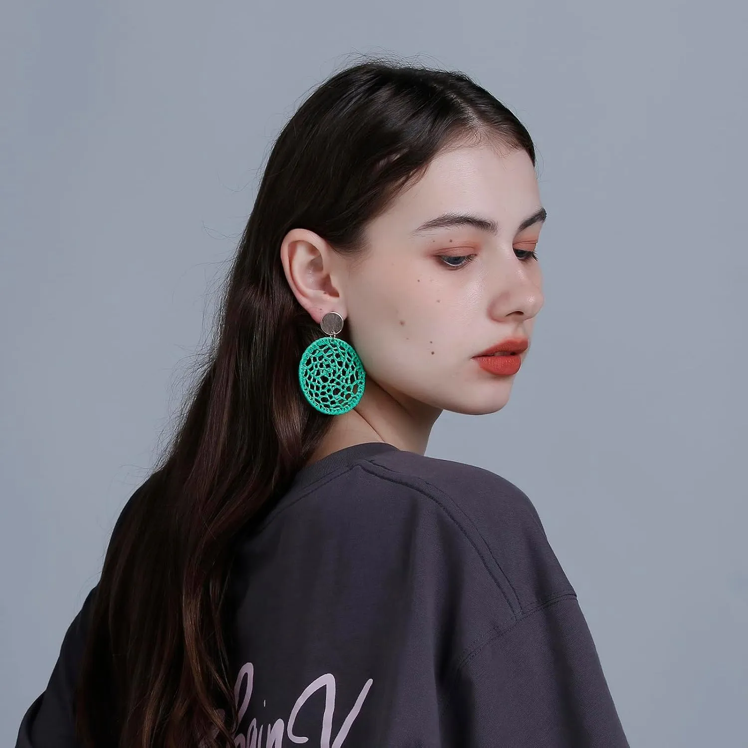 Statement Raffia Round Earrings, Handwoven Dream Catcher Earrings Bohemian Jewelry for Women