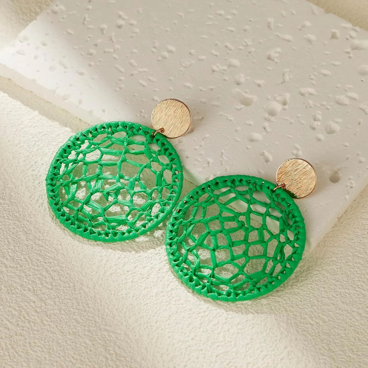 Statement Raffia Round Earrings, Handwoven Dream Catcher Earrings Bohemian Jewelry for Women