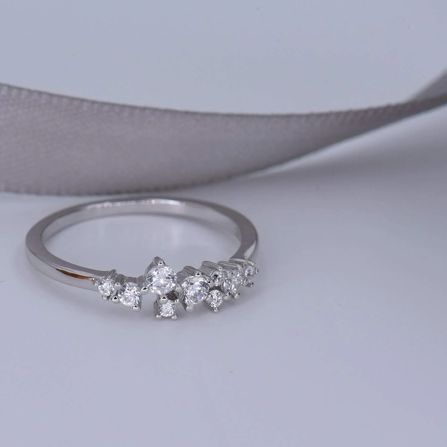 Sterling Silver & Cubic Zirconia Cluster Ring Unique Stackable Ring