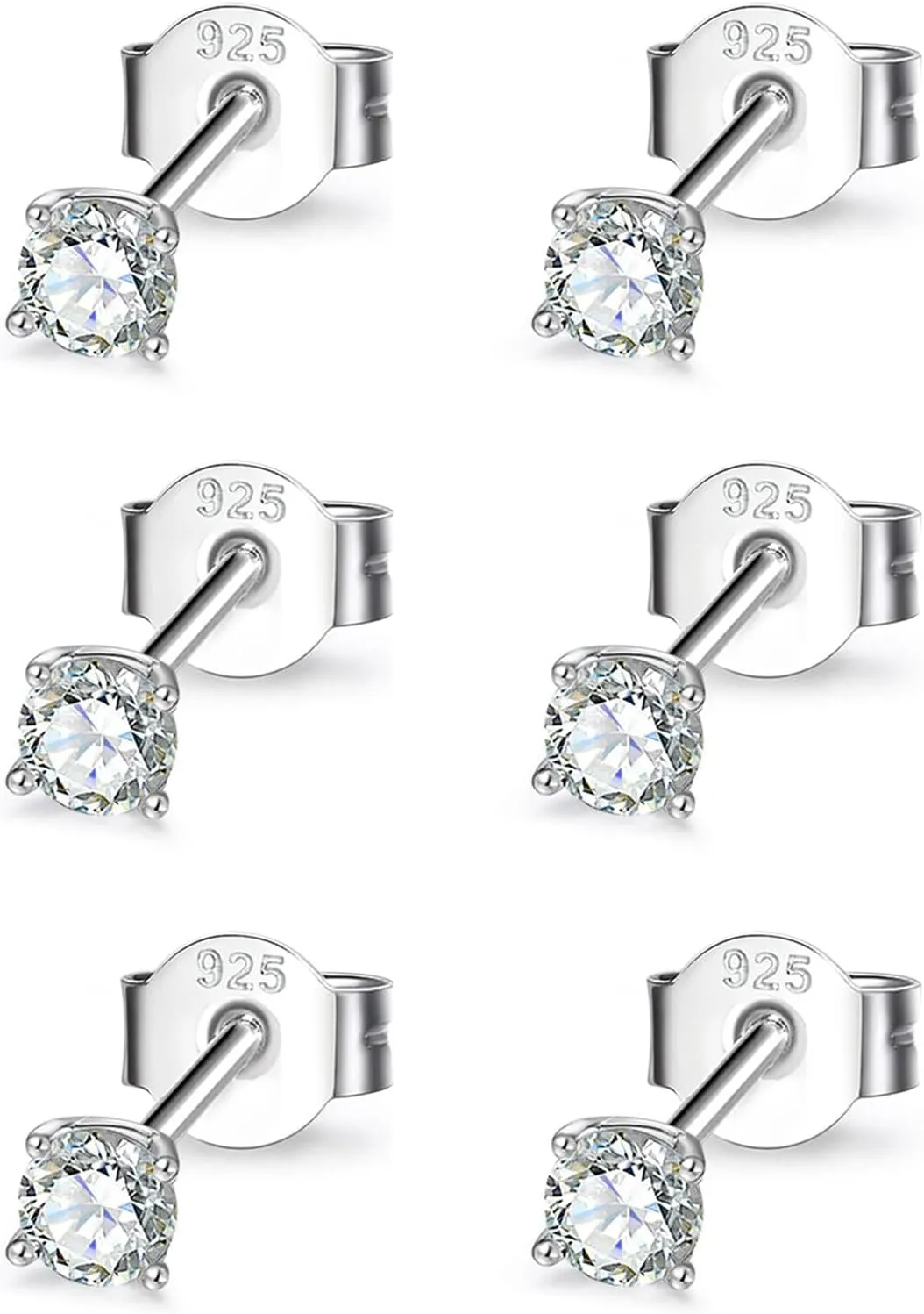 Sterling Silver Cubic Zirconia Stud Earrings for Women Men, 3 Pairs Hypoallergenic Small Tiny Stud Earring Set (Diameter 2/3/4mm)
