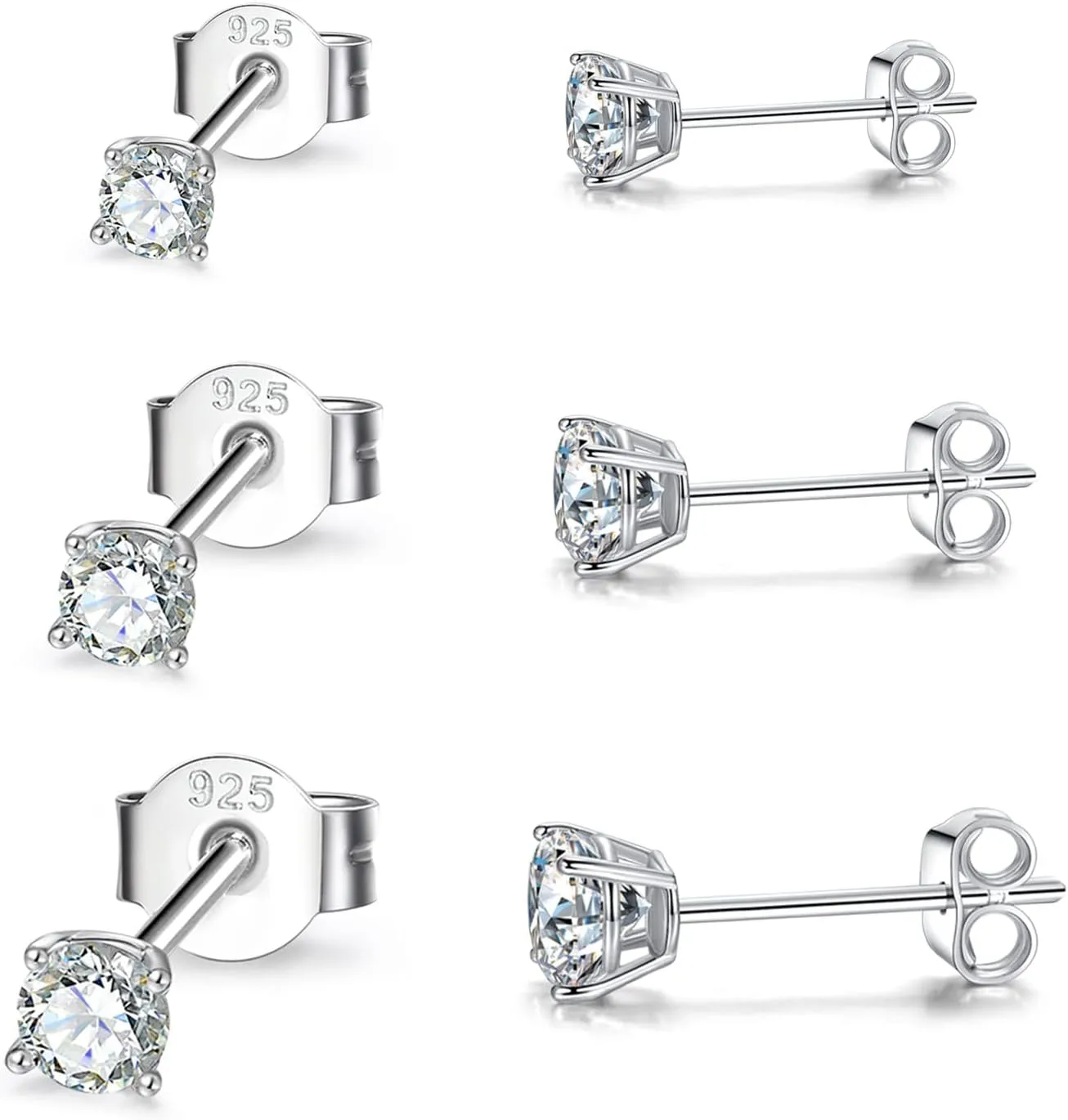 Sterling Silver Cubic Zirconia Stud Earrings for Women Men, 3 Pairs Hypoallergenic Small Tiny Stud Earring Set (Diameter 2/3/4mm)
