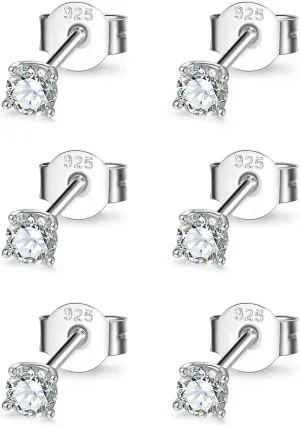 Sterling Silver Cubic Zirconia Stud Earrings for Women Men, 3 Pairs Hypoallergenic Small Tiny Stud Earring Set (Diameter 2/3/4mm)