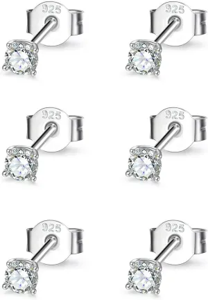 Sterling Silver Cubic Zirconia Stud Earrings for Women Men, 3 Pairs Hypoallergenic Small Tiny Stud Earring Set (Diameter 2/3/4mm)