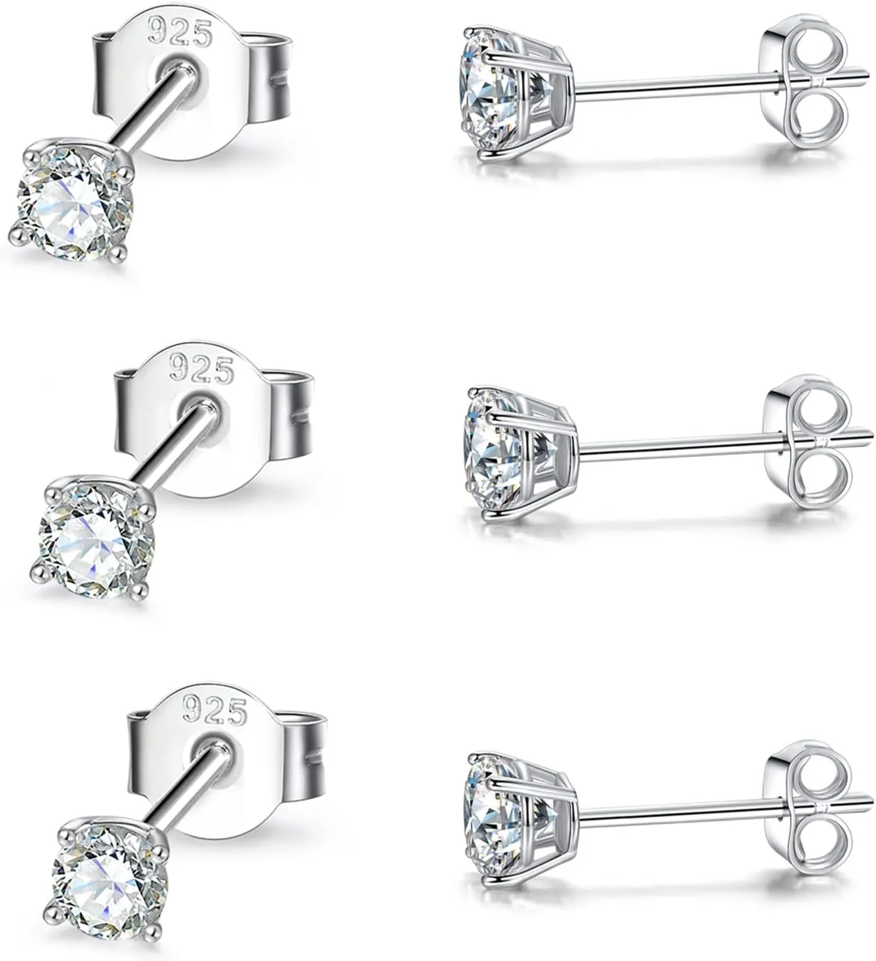 Sterling Silver Cubic Zirconia Stud Earrings for Women Men, 3 Pairs Hypoallergenic Small Tiny Stud Earring Set (Diameter 2/3/4mm)
