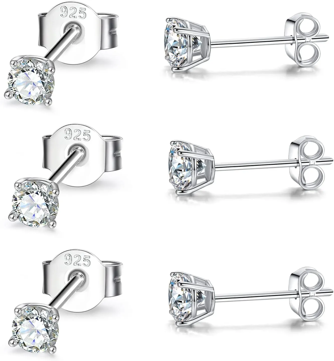 Sterling Silver Cubic Zirconia Stud Earrings for Women Men, 3 Pairs Hypoallergenic Small Tiny Stud Earring Set (Diameter 2/3/4mm)