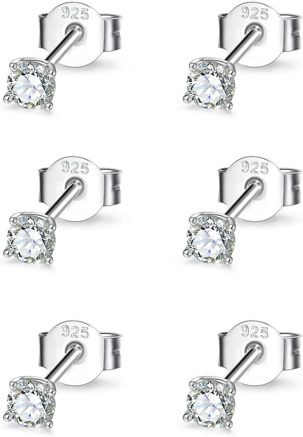 Sterling Silver Cubic Zirconia Stud Earrings for Women Men, 3 Pairs Hypoallergenic Small Tiny Stud Earring Set (Diameter 2/3/4mm)