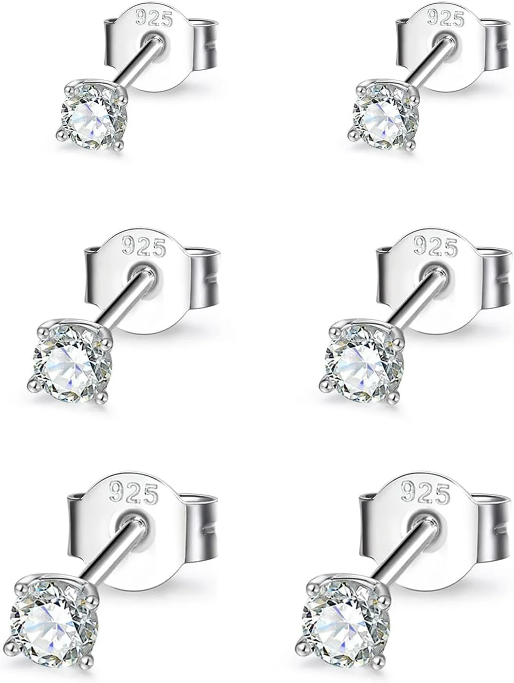 Sterling Silver Cubic Zirconia Stud Earrings for Women Men, 3 Pairs Hypoallergenic Small Tiny Stud Earring Set (Diameter 2/3/4mm)