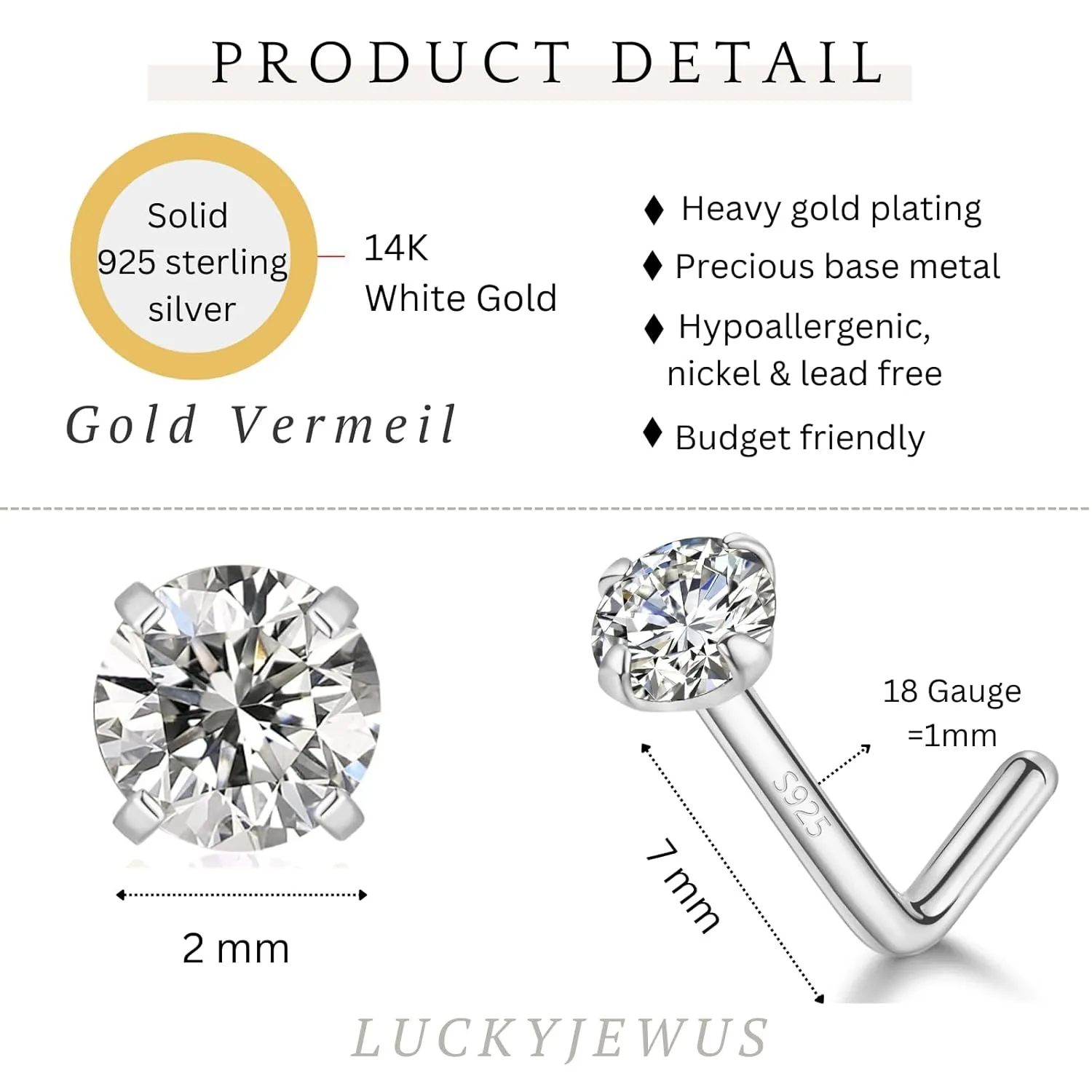 Sterling Silver Nose Rings Studs for Women Men 18g 20g 22g 24g L Shaped Nose Stud Nose Piercing Jewelry (2mm CZ, 18 gauge)