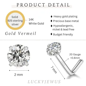 Sterling Silver Nose Rings Studs for Women Men 18g 20g 22g 24g L Shaped Nose Stud Nose Piercing Jewelry (2mm CZ, 20 gauge)