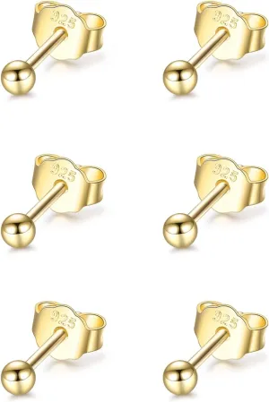 Sterling Silver Round Ball Stud Earrings for Women Men, 3 Pairs Hypoallergenic Small Tiny Stud Earring Set (Diameter 2/3/4mm)