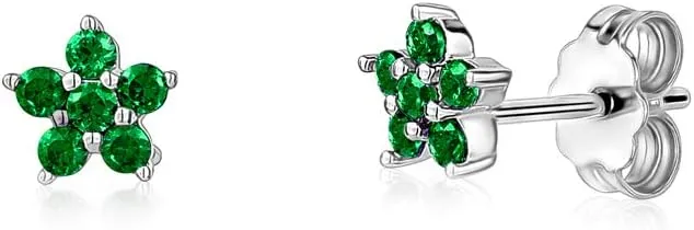 Sterling Silver Small Flower Stud Earrings for Women and Girls Simulated Birthstones 6mm