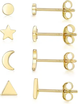 Sterling Silver Stud Earrings - 4 Pairs Small Gold Plated Ball Earrings Triangle Stud Star Moon Round CZ Earrings Bar Earrings Set Hypoallergenic Cartilage Tragus Earrings