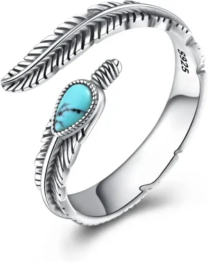 Sterling Silver Turquoise Feather Ring - Adjustable Thumb Ring for Women Men, Vintage Style Jewelry Gift