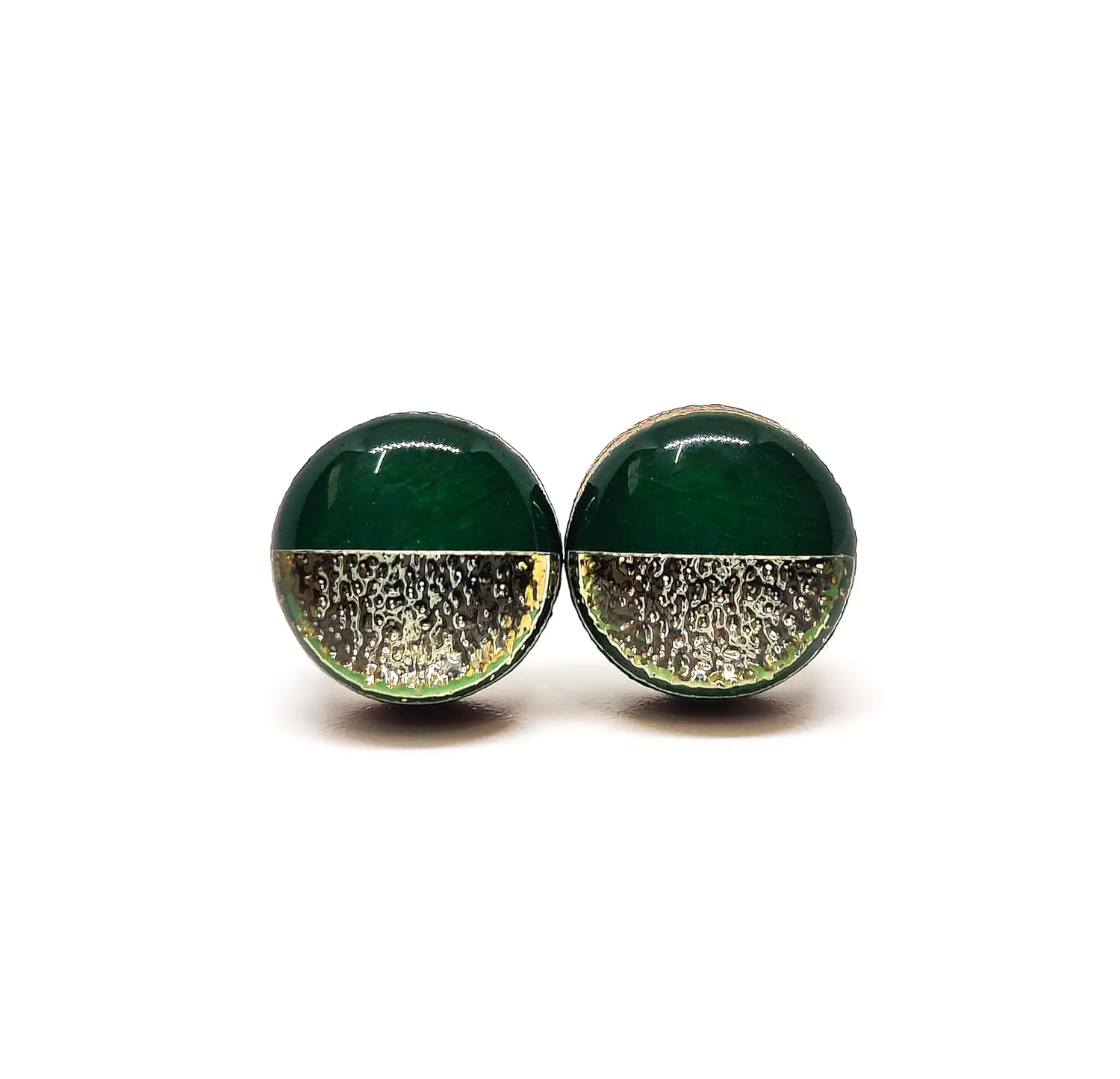 Stud Earring Set, Forest Green and Gold Two Toned with Faux Hammered Metal, 10 mm, Studs Women Girls Men, Stainless Steel Posts for Sensitive Ears