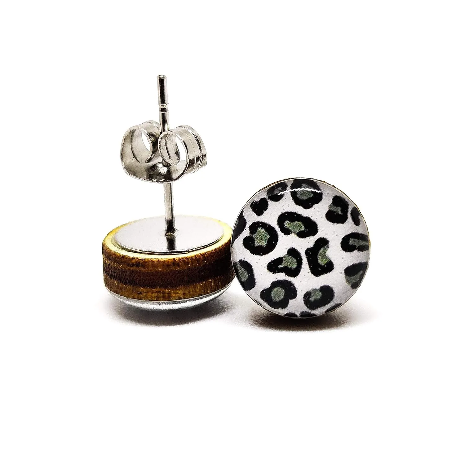 Stud Earrings, Animal Print, 10 mm, Handmade, Stainless Steel Posts for Sensitive Ears Studs for Women Men Girls (Black, White, & Grey Snow Leopard)