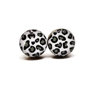 Stud Earrings, Animal Print, 10 mm, Handmade, Stainless Steel Posts for Sensitive Ears Studs for Women Men Girls (Black, White, & Grey Snow Leopard)