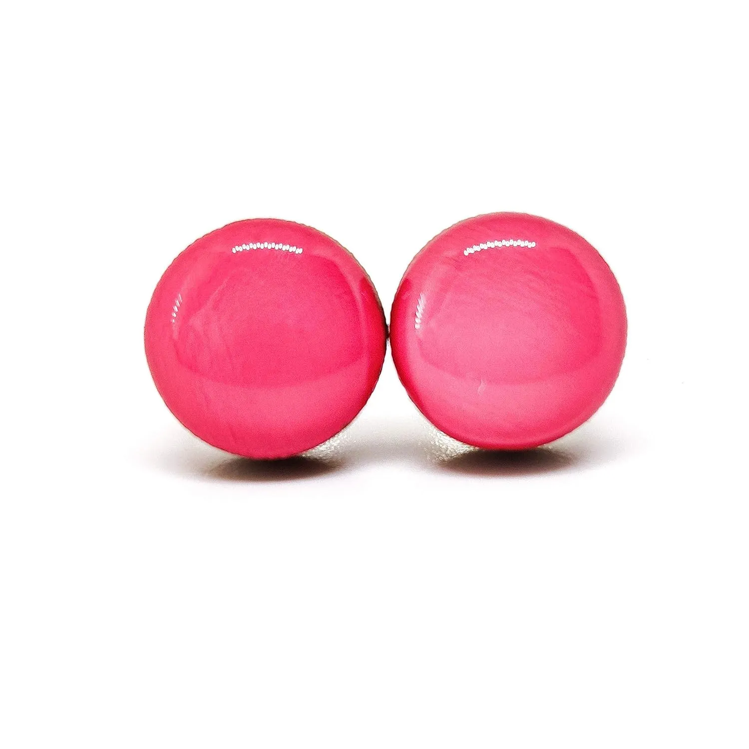 Stud Earrings, Rouge Pink 10 mm Round Studs for Women Girls Men, Handmade Stainless Steel Posts for Sensitive Ears, Color Dot