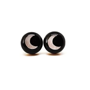 Stud Earrings, Zodiac Black and Metallic Silver Moon, 10 mm, Round Studs for Women Men Girls, Handmade, Stainless Steel Posts for Sensitive Ears Dot Stud Earrings
