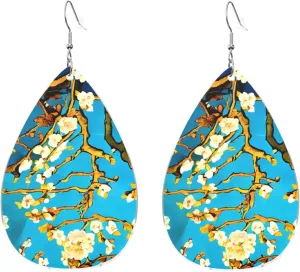 Stylish Drop-Shaped Acrylic Earrings Lightweight Printed Teardrop Dangle Earrings for Women (Aalmond Blossom)