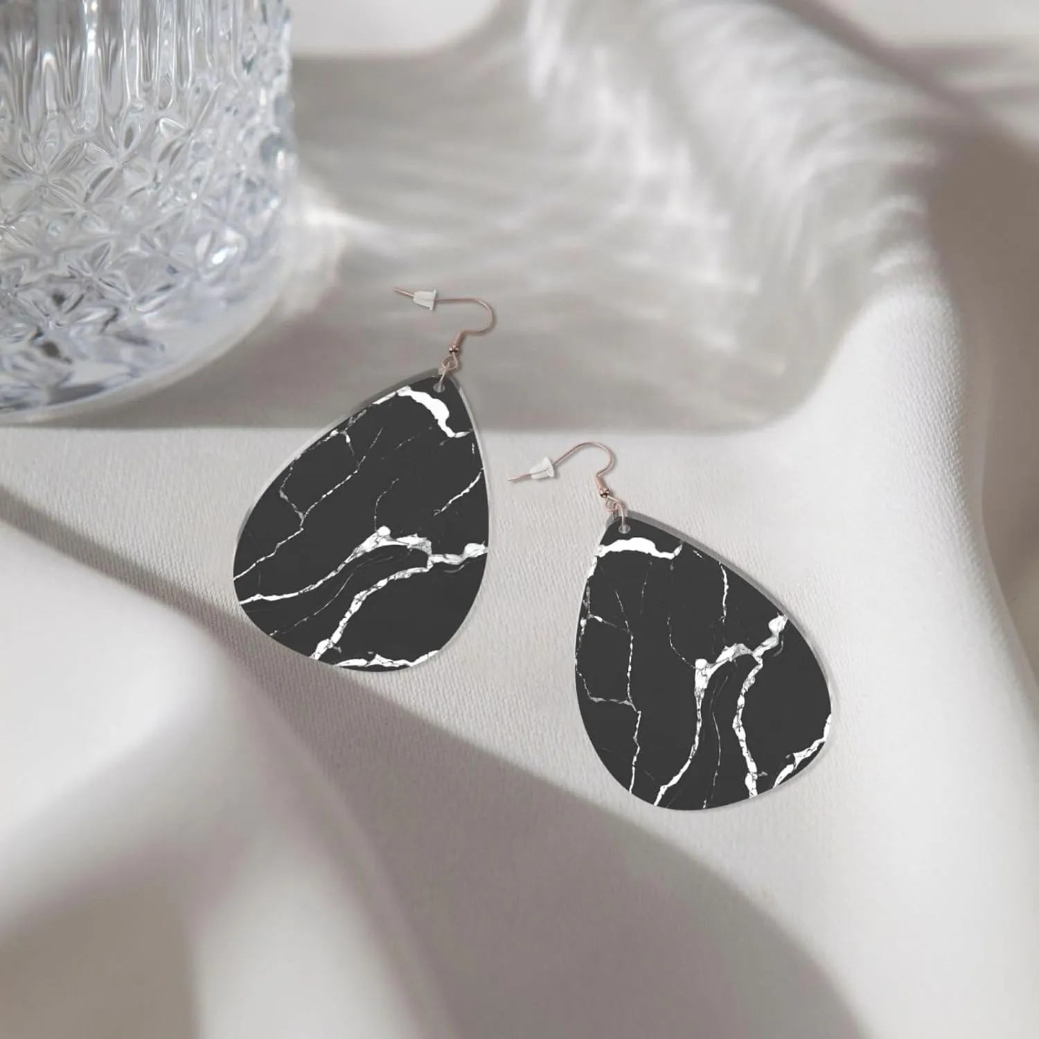 Stylish Drop-Shaped Acrylic Earrings Lightweight Printed Teardrop Dangle Earrings for Women (Black Gold Marble)