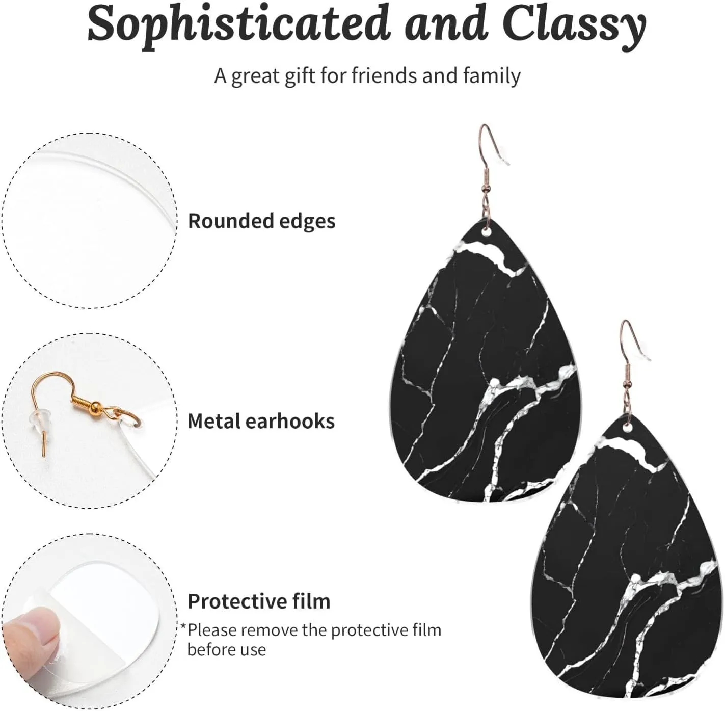 Stylish Drop-Shaped Acrylic Earrings Lightweight Printed Teardrop Dangle Earrings for Women (Black Gold Marble)