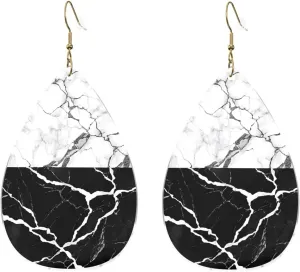 Stylish Drop-Shaped Acrylic Earrings Lightweight Printed Teardrop Dangle Earrings for Women (Black White Marble)