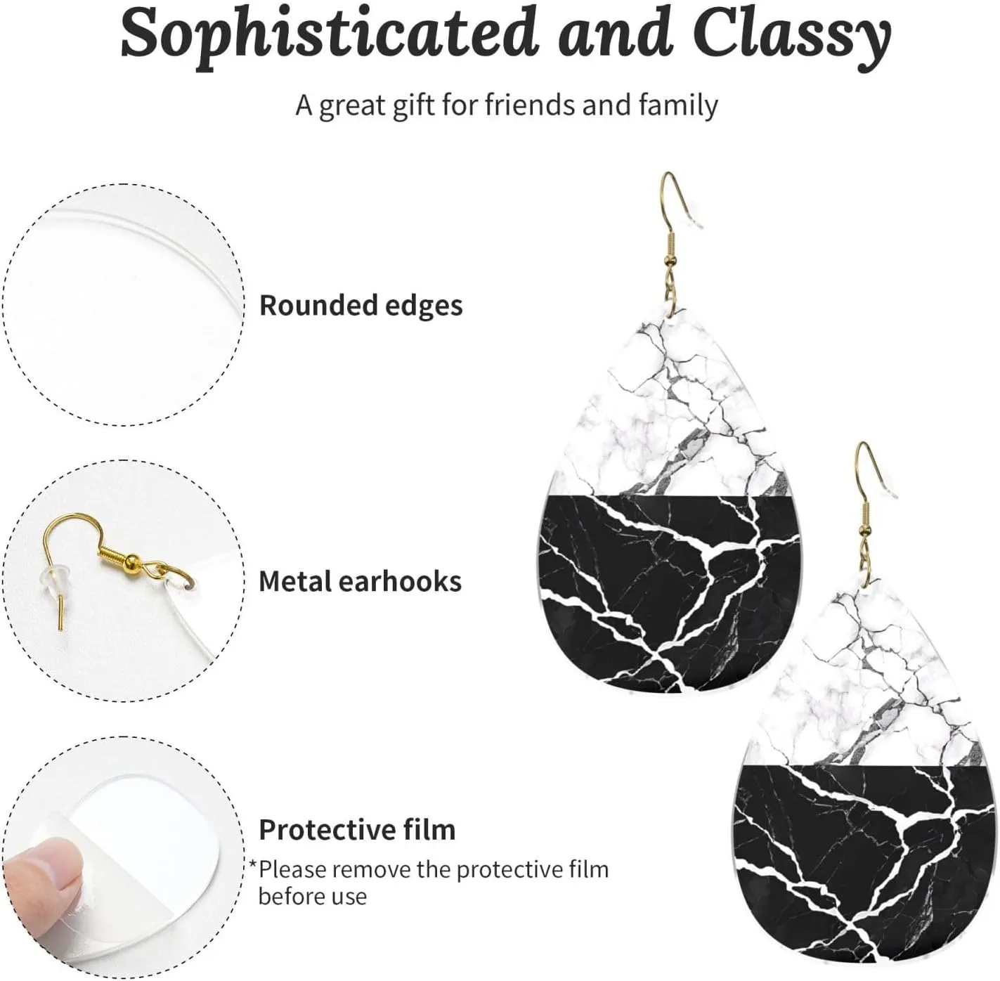 Stylish Drop-Shaped Acrylic Earrings Lightweight Printed Teardrop Dangle Earrings for Women (Black White Marble)
