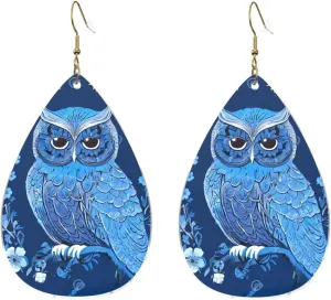 Stylish Drop-Shaped Acrylic Earrings Lightweight Printed Teardrop Dangle Earrings for Women (Blue Owl)
