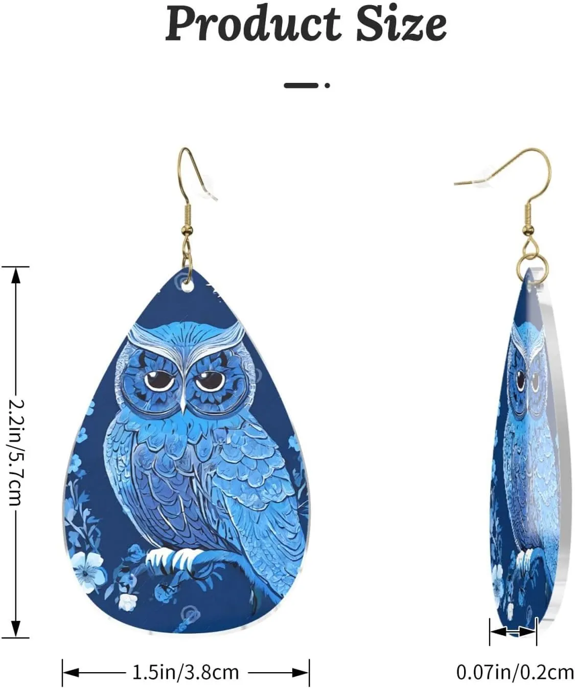Stylish Drop-Shaped Acrylic Earrings Lightweight Printed Teardrop Dangle Earrings for Women (Blue Owl)