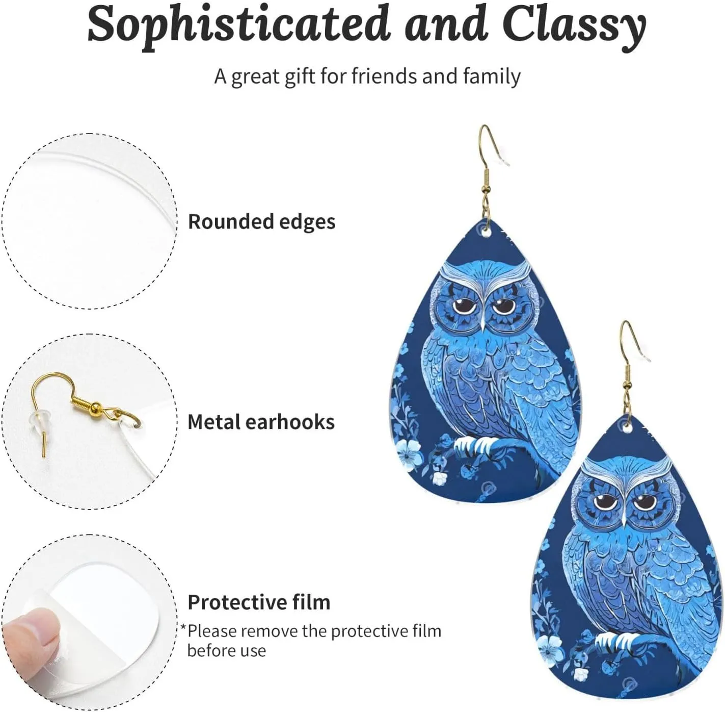 Stylish Drop-Shaped Acrylic Earrings Lightweight Printed Teardrop Dangle Earrings for Women (Blue Owl)