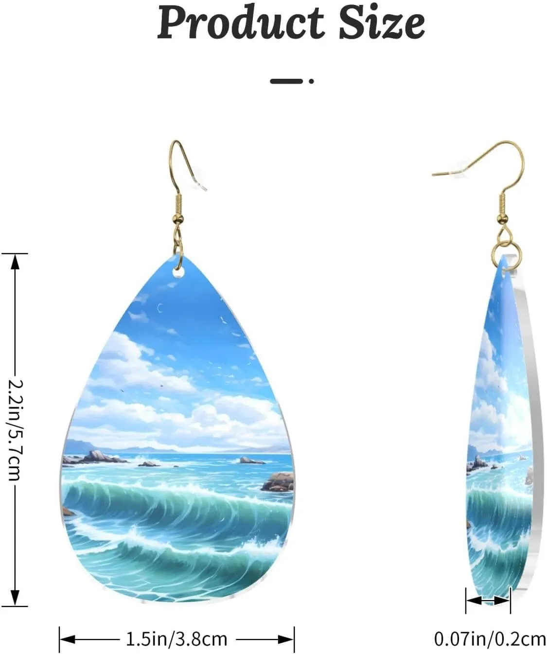 Stylish Drop-Shaped Acrylic Earrings Lightweight Printed Teardrop Dangle Earrings for Women (Blue Sea Landscape)