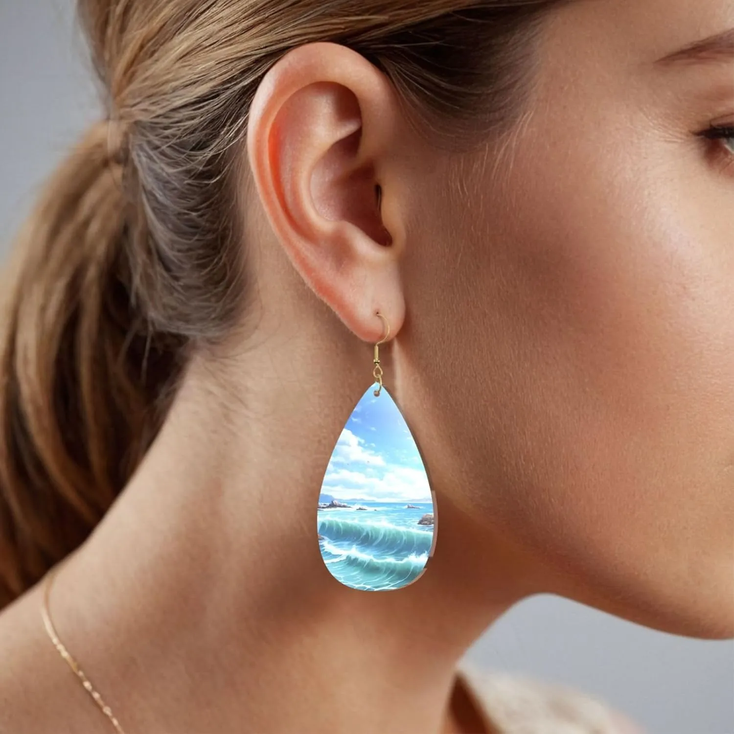 Stylish Drop-Shaped Acrylic Earrings Lightweight Printed Teardrop Dangle Earrings for Women (Blue Sea Landscape)