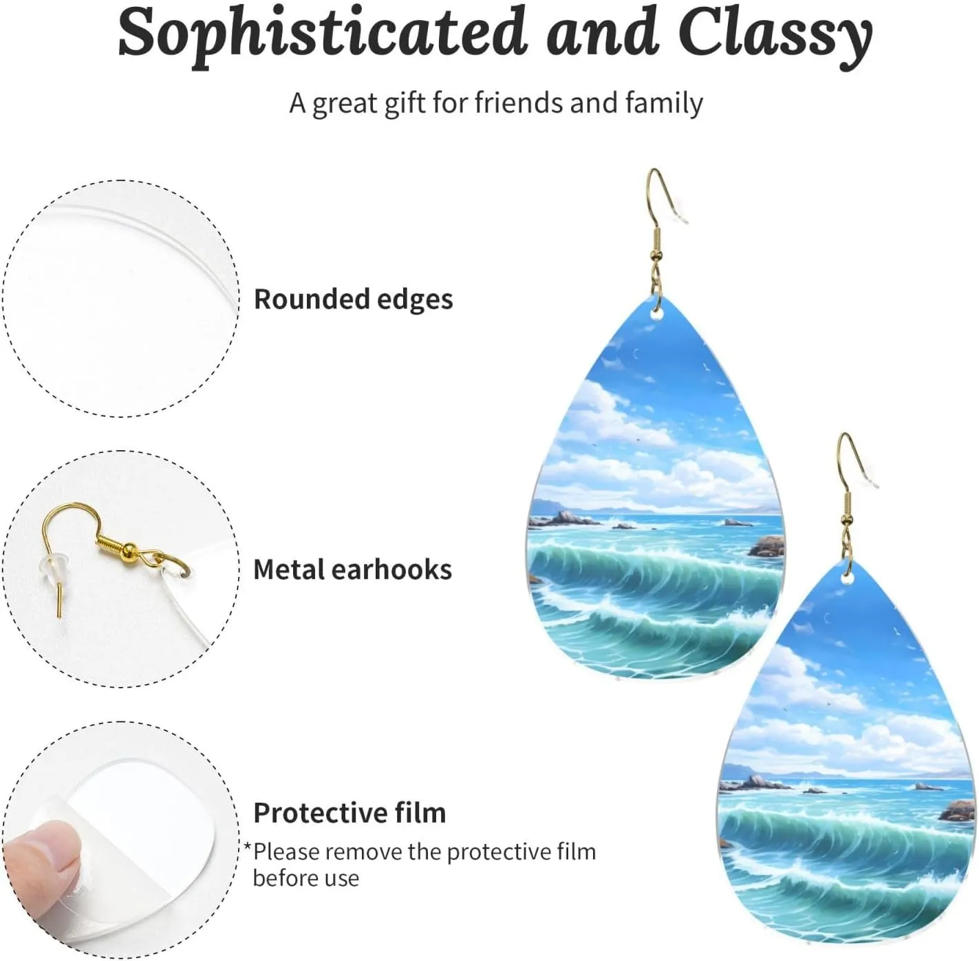 Stylish Drop-Shaped Acrylic Earrings Lightweight Printed Teardrop Dangle Earrings for Women (Blue Sea Landscape)