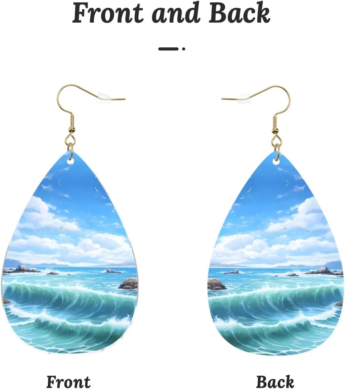 Stylish Drop-Shaped Acrylic Earrings Lightweight Printed Teardrop Dangle Earrings for Women (Blue Sea Landscape)
