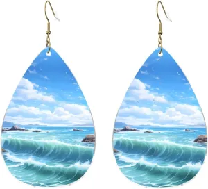 Stylish Drop-Shaped Acrylic Earrings Lightweight Printed Teardrop Dangle Earrings for Women (Blue Sea Landscape)