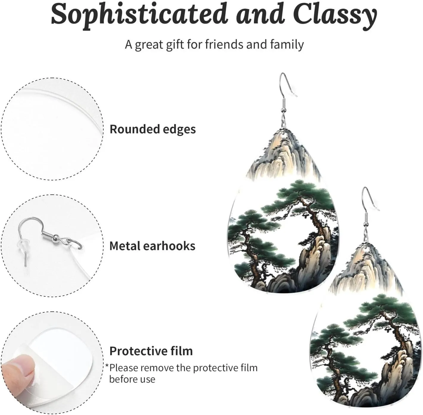 Stylish Drop-Shaped Acrylic Earrings Lightweight Printed Teardrop Dangle Earrings for Women (Chinese Landscape Painting)