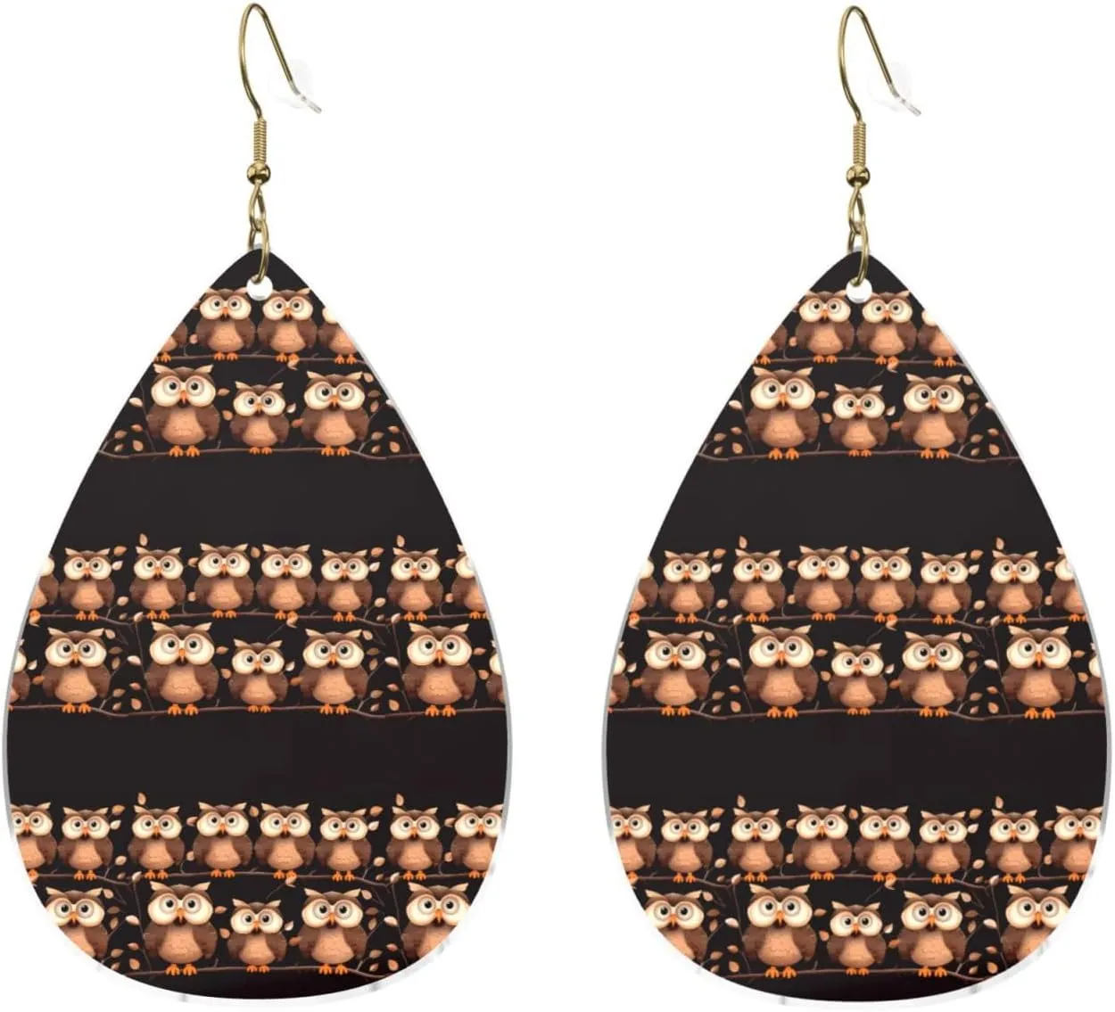 Stylish Drop-Shaped Acrylic Earrings Lightweight Printed Teardrop Dangle Earrings for Women (Cute Brown Cartoon Owls)