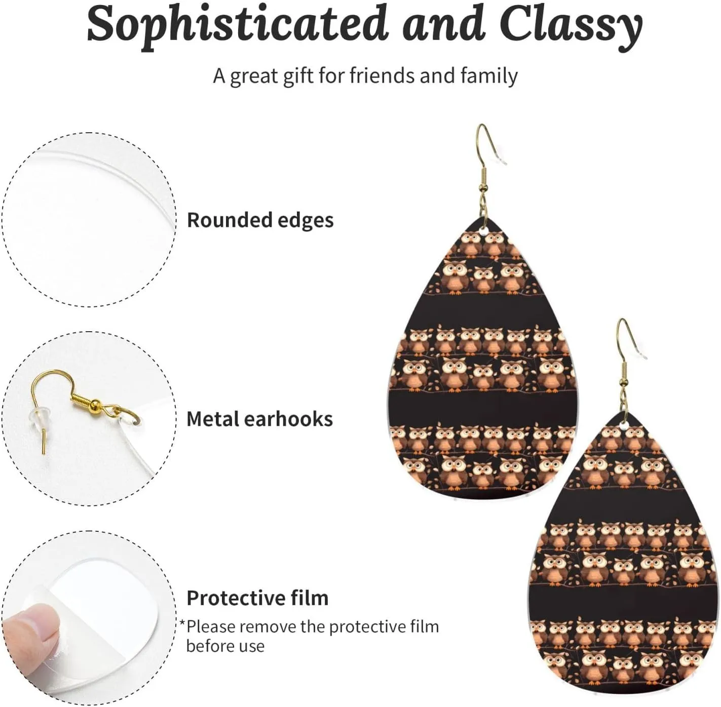 Stylish Drop-Shaped Acrylic Earrings Lightweight Printed Teardrop Dangle Earrings for Women (Cute Brown Cartoon Owls)