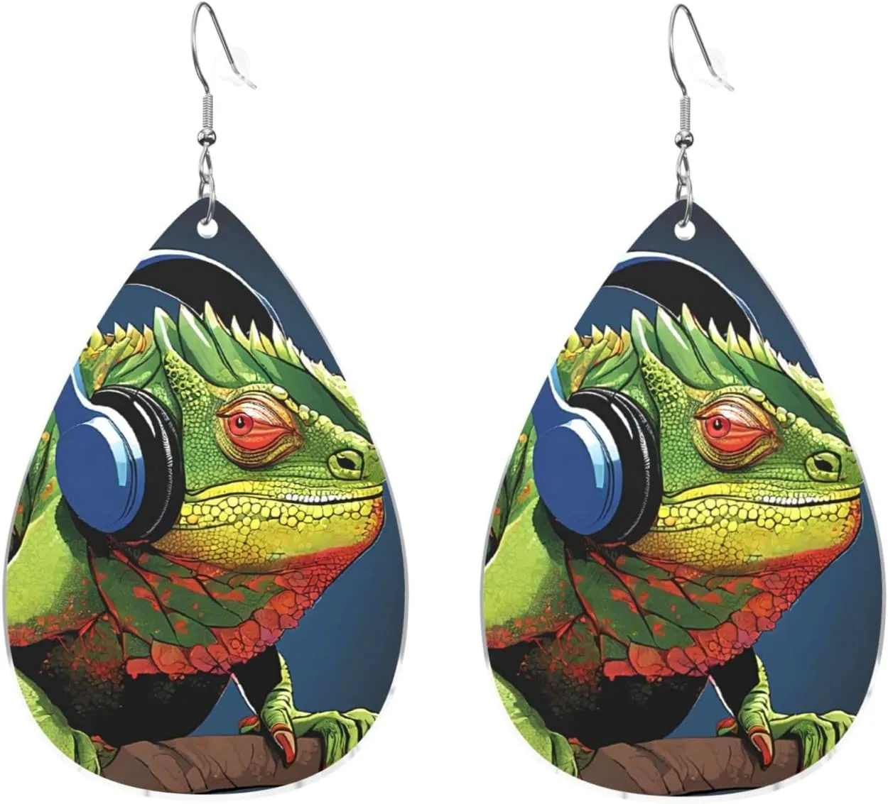 Stylish Drop-Shaped Acrylic Earrings Lightweight Printed Teardrop Dangle Earrings for Women (Cute Chameleon Listen Music)