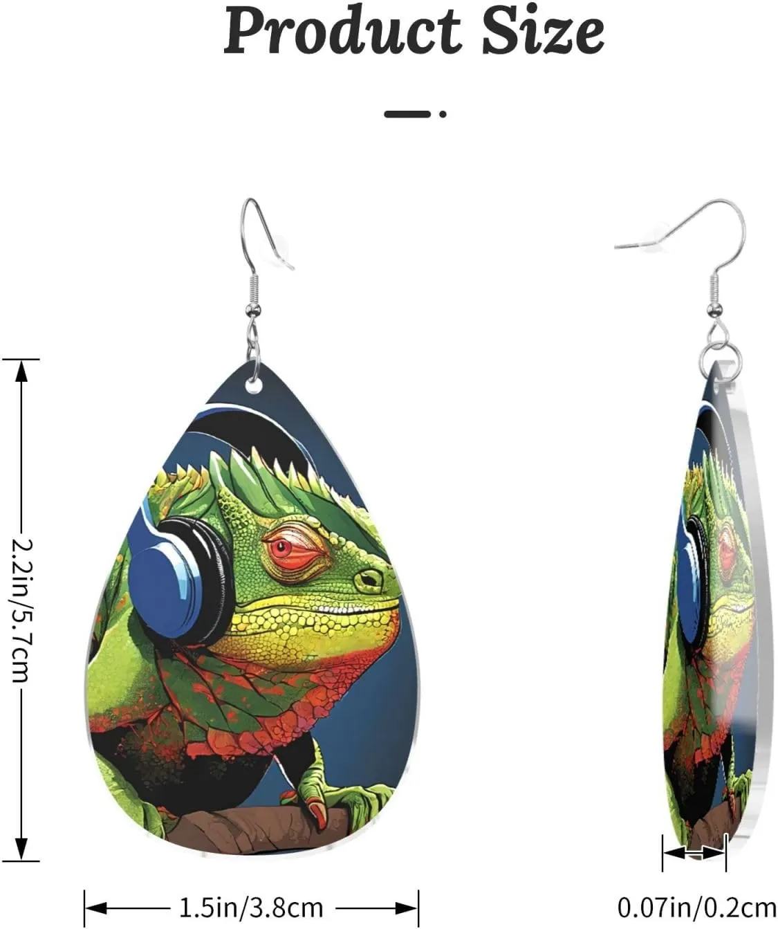 Stylish Drop-Shaped Acrylic Earrings Lightweight Printed Teardrop Dangle Earrings for Women (Cute Chameleon Listen Music)