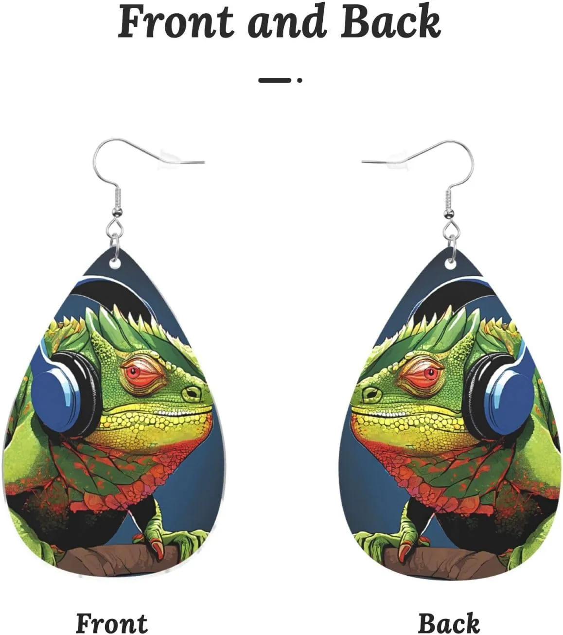 Stylish Drop-Shaped Acrylic Earrings Lightweight Printed Teardrop Dangle Earrings for Women (Cute Chameleon Listen Music)