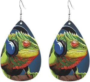Stylish Drop-Shaped Acrylic Earrings Lightweight Printed Teardrop Dangle Earrings for Women (Cute Chameleon Listen Music)