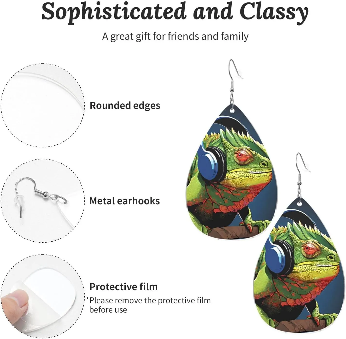 Stylish Drop-Shaped Acrylic Earrings Lightweight Printed Teardrop Dangle Earrings for Women (Cute Chameleon Listen Music)