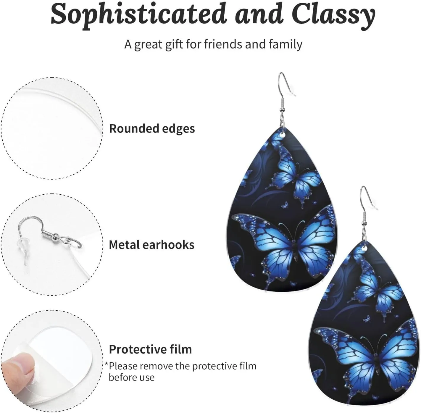 Stylish Drop-Shaped Acrylic Earrings Lightweight Printed Teardrop Dangle Earrings for Women (Dark Blue Butterflies)
