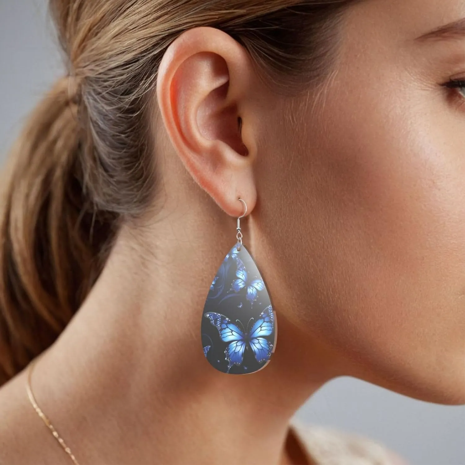 Stylish Drop-Shaped Acrylic Earrings Lightweight Printed Teardrop Dangle Earrings for Women (Dark Blue Butterflies)