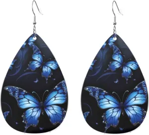 Stylish Drop-Shaped Acrylic Earrings Lightweight Printed Teardrop Dangle Earrings for Women (Dark Blue Butterflies)