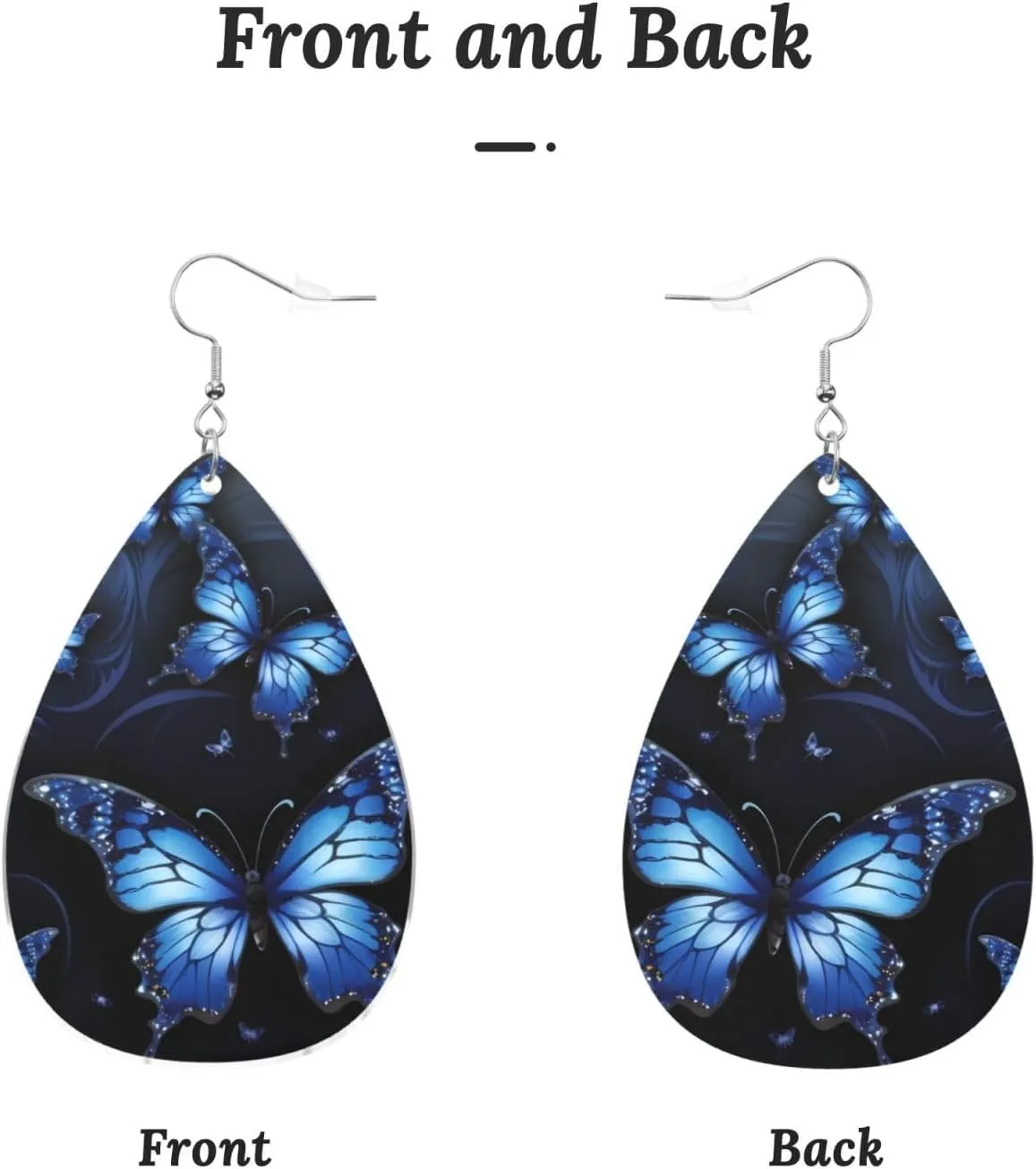 Stylish Drop-Shaped Acrylic Earrings Lightweight Printed Teardrop Dangle Earrings for Women (Dark Blue Butterflies)