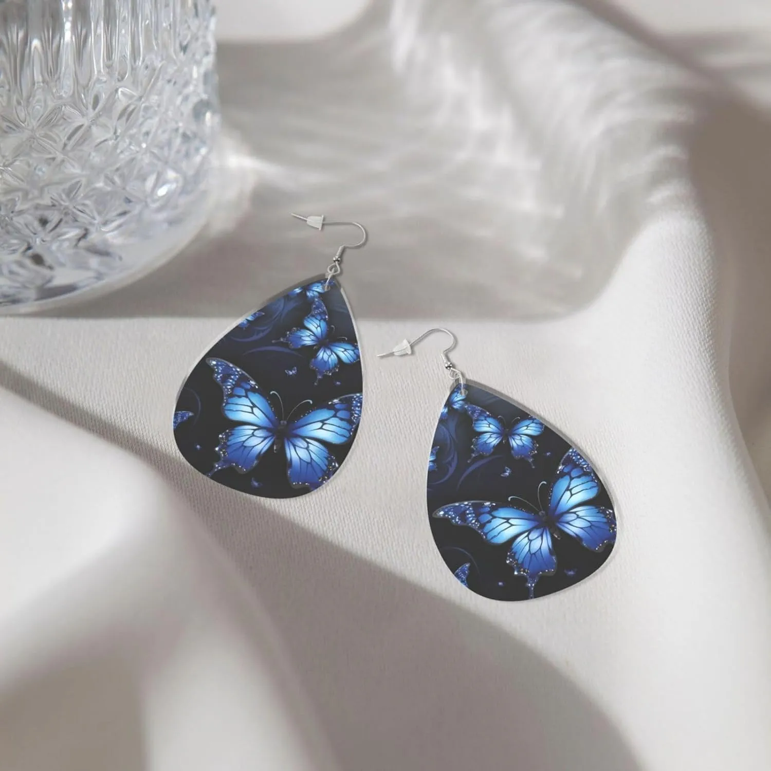 Stylish Drop-Shaped Acrylic Earrings Lightweight Printed Teardrop Dangle Earrings for Women (Dark Blue Butterflies)